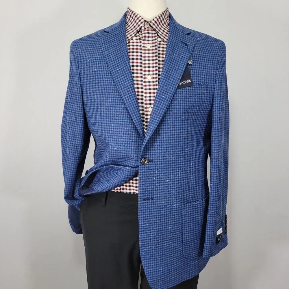 JOS A BANK Men's Sport Coat Blazer Two Button Navy Burgundy Checked Tailored 43R